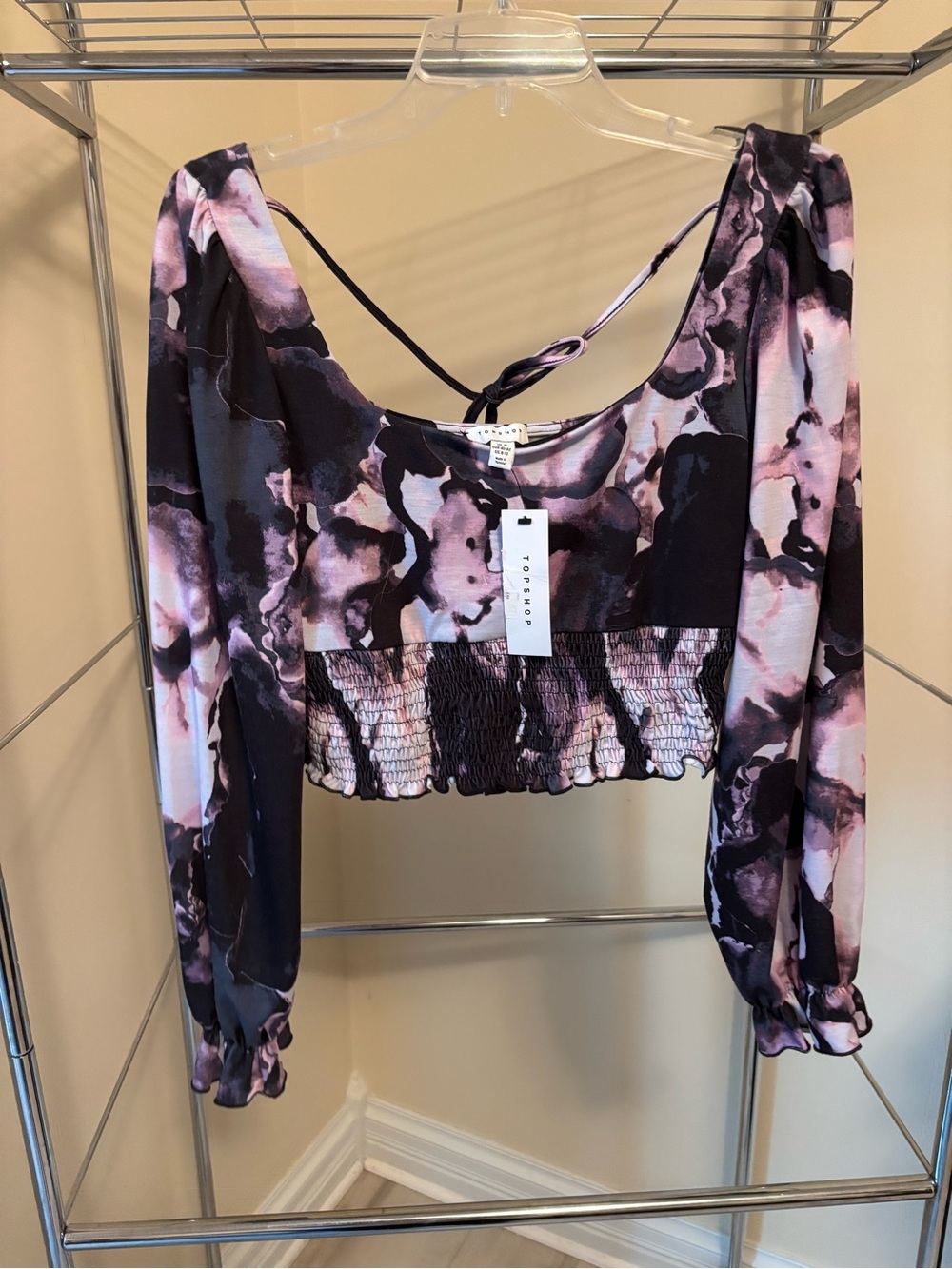 Topshop Black & Pink Smocked Floral-Print Crop Top NWT